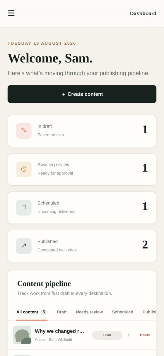 Social Relay on a mobile phone, showing drafts, scheduled posts and published posts in one list.