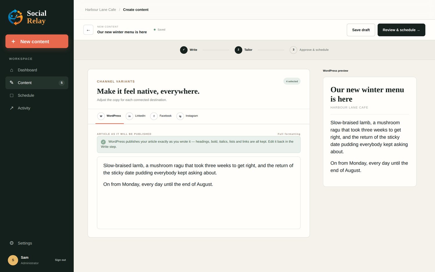Social Relay's tailor step, showing one article with separate tabs for WordPress, LinkedIn, Facebook and Instagram, and a live preview of the website post.